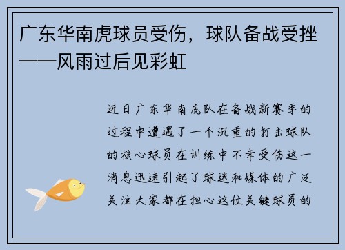广东华南虎球员受伤，球队备战受挫——风雨过后见彩虹